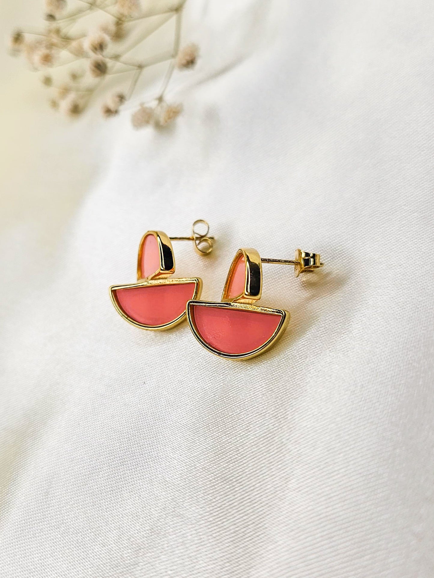 Pink Enamel Gold-Plated Anti-Tarnish Stud Earrings