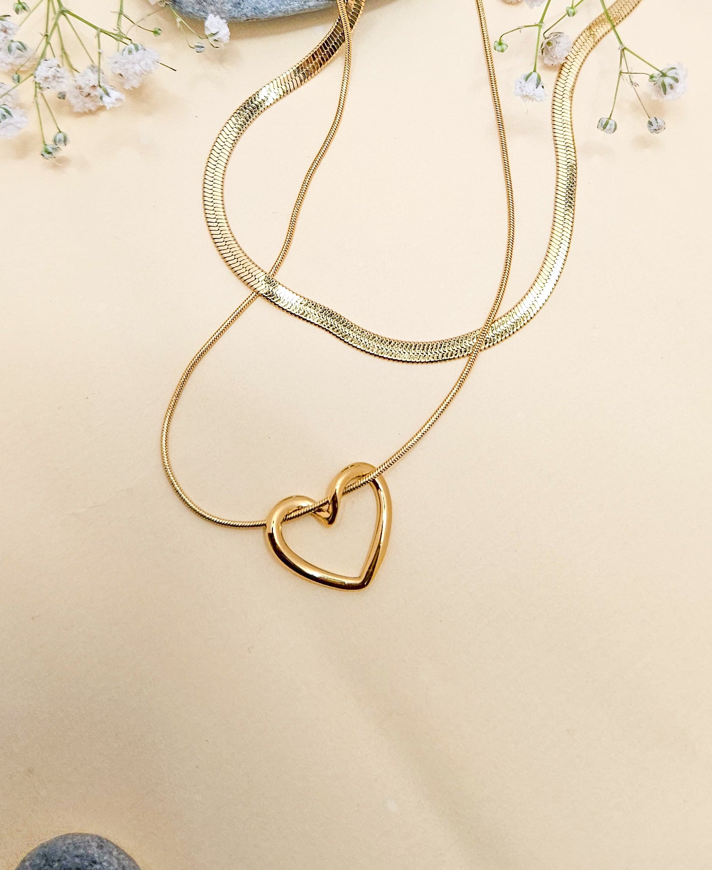 Gold Double Layer Anti Tarnish Necklace with Heart Pendant – Herringbone & Minimal Chain