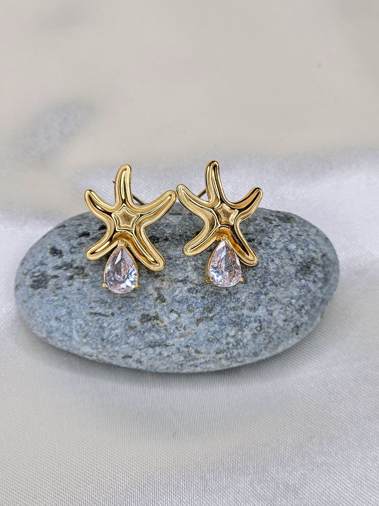 Gold Starfish Stud Earrings with Teardrop Crystal – Daily Wear Anti-Tarnish Jewellery