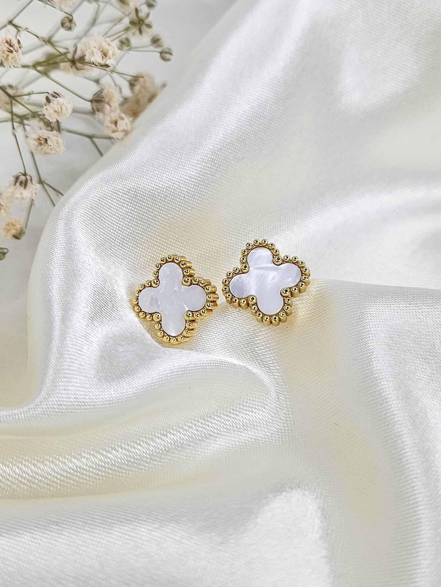 Daily Wear Gold & White Floral Stud Earrings – Anti-Tarnish, Elegant Western Style