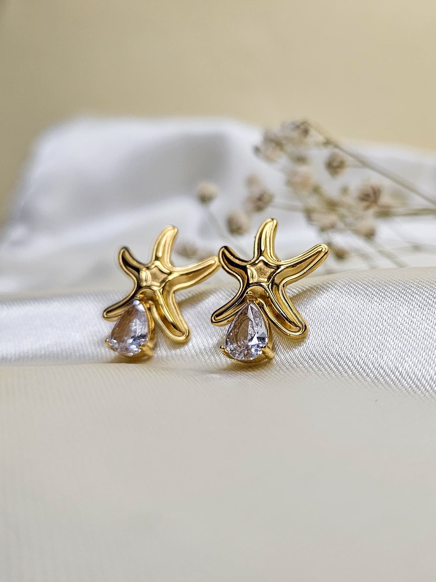 Gold Starfish Stud Earrings with Teardrop Crystal – Daily Wear Anti-Tarnish Jewellery