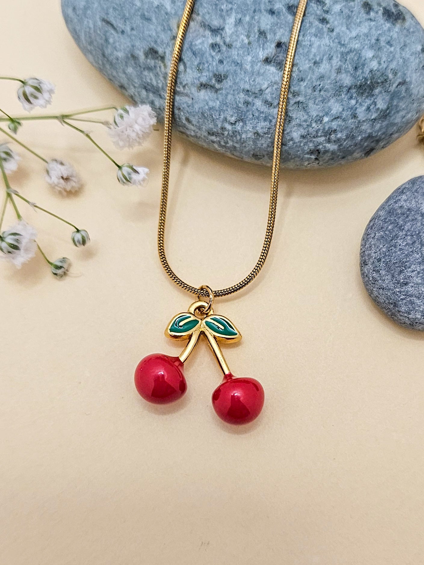 Gold Cherry Pendant Necklace – Cute Red Fruit Charm Jewelry for Women & Girls