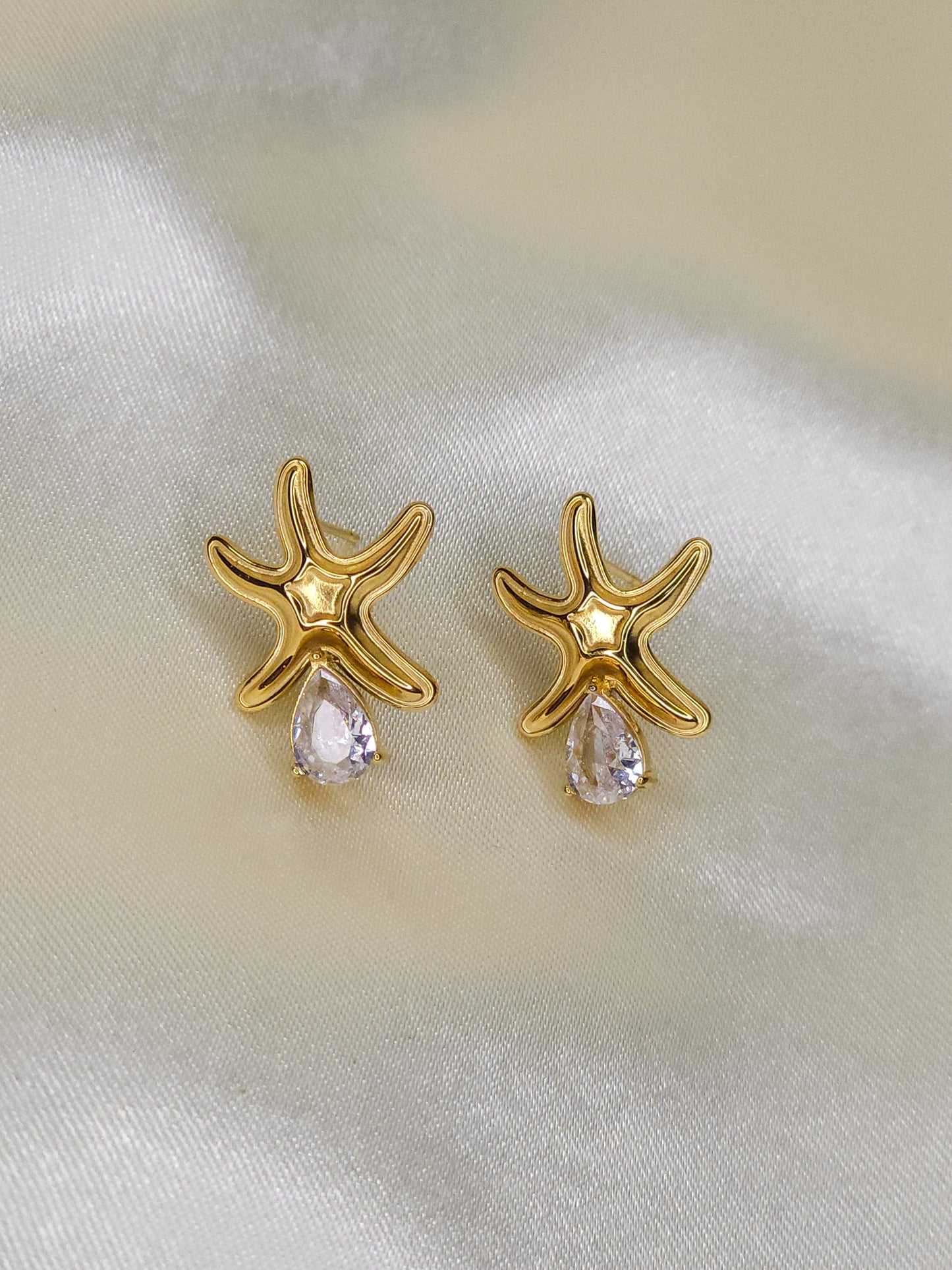 Gold Starfish Stud Earrings with Teardrop Crystal – Daily Wear Anti-Tarnish Jewellery