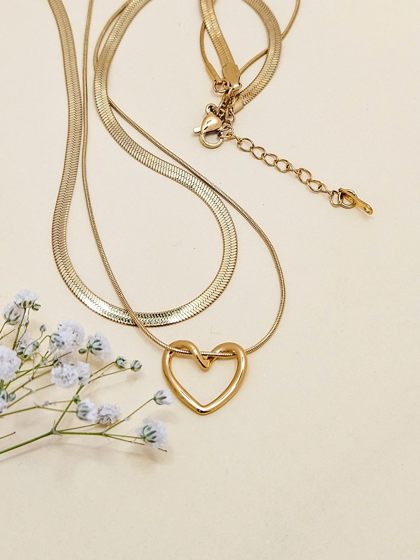 Gold Double Layer Anti Tarnish Necklace with Heart Pendant – Herringbone & Minimal Chain