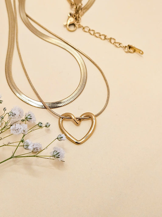 Gold Double Layer Anti Tarnish Necklace with Heart Pendant – Herringbone & Minimal Chain