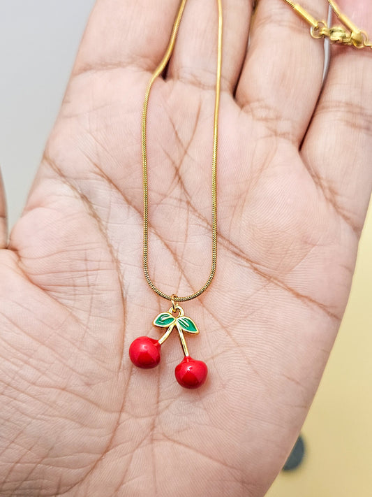 Gold Cherry Pendant Necklace – Cute Red Fruit Charm Jewelry for Women & Girls