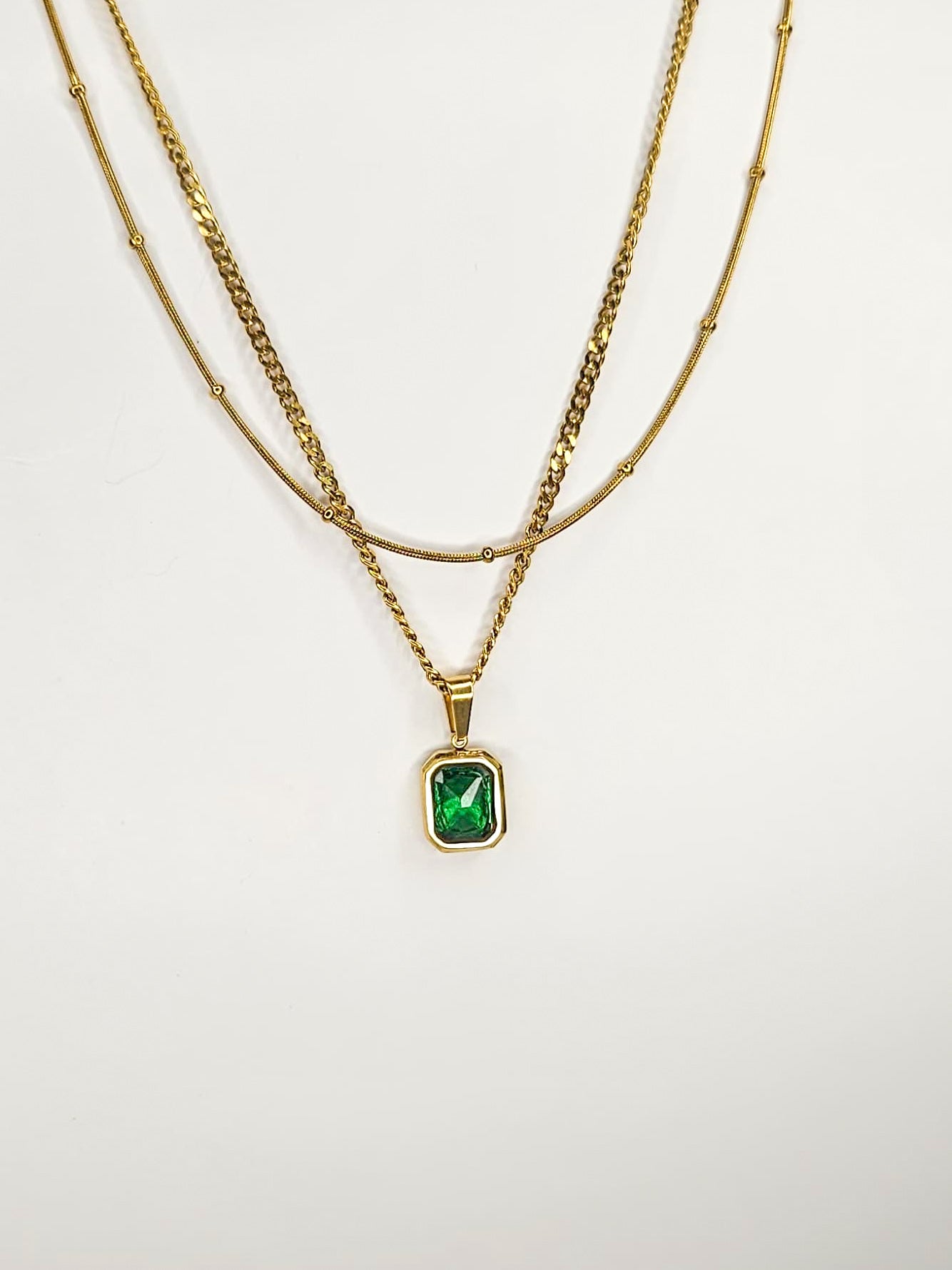 Gold Layered Necklace with Green Emerald-Cut Pendant – Anti Tarnish Elegant Women’s Jewelry