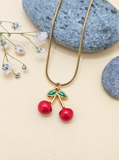 Gold Cherry Pendant Necklace – Cute Red Fruit Charm Jewelry for Women & Girls