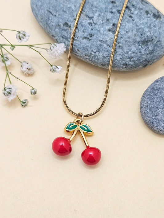 Gold Cherry Pendant Necklace – Cute Red Fruit Charm Jewelry for Women & Girls