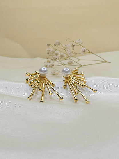 Gold Sunburst Pearl Stud Anti Tarnish Earrings – Elegant Statement Jewelry for Women