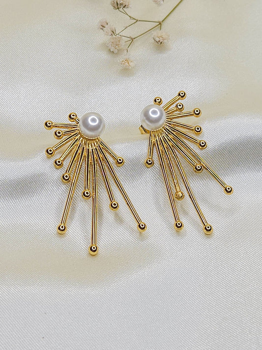 Gold Sunburst Pearl Stud Anti Tarnish Earrings – Elegant Statement Jewelry for Women