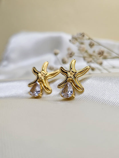 Gold Starfish Stud Earrings with Teardrop Crystal – Daily Wear Anti-Tarnish Jewellery
