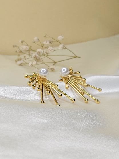 Gold Sunburst Pearl Stud Anti Tarnish Earrings – Elegant Statement Jewelry for Women