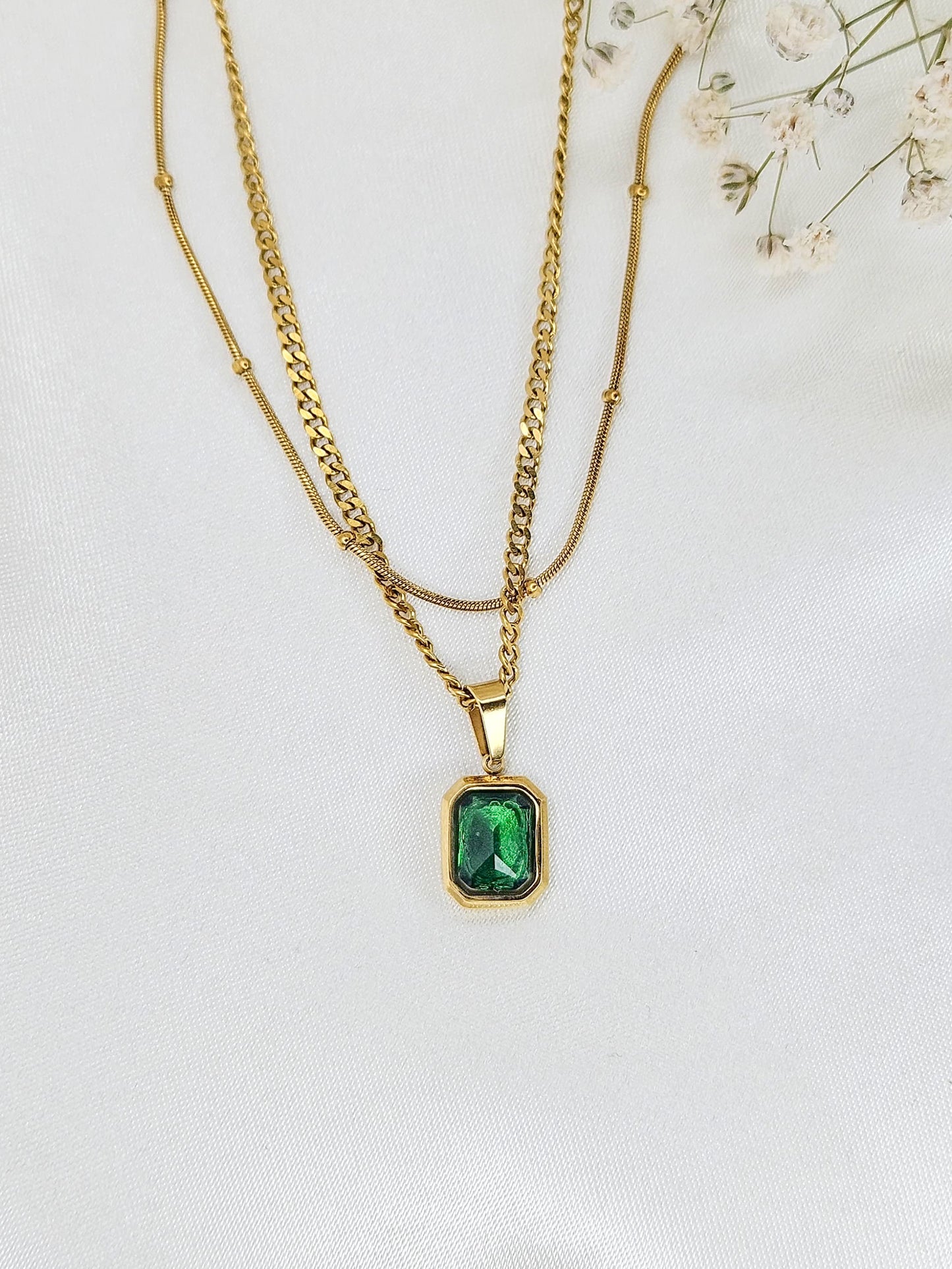 Gold Layered Necklace with Green Emerald-Cut Pendant – Anti Tarnish Elegant Women’s Jewelry