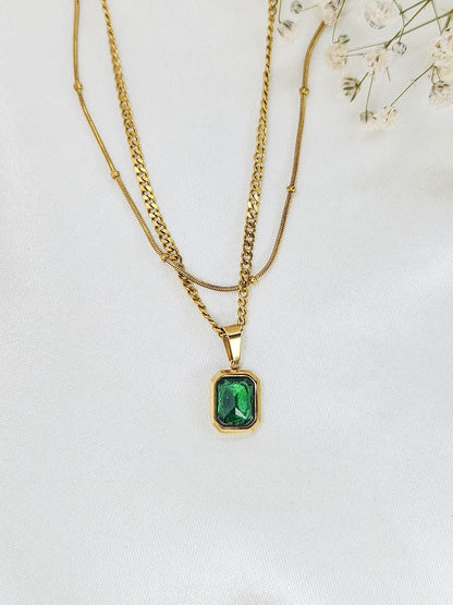 Gold Layered Necklace with Green Emerald-Cut Pendant – Anti Tarnish Elegant Women’s Jewelry