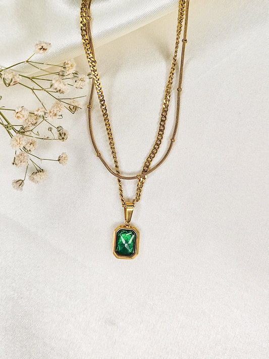 Gold Layered Necklace with Green Emerald-Cut Pendant – Anti Tarnish Elegant Women’s Jewelry
