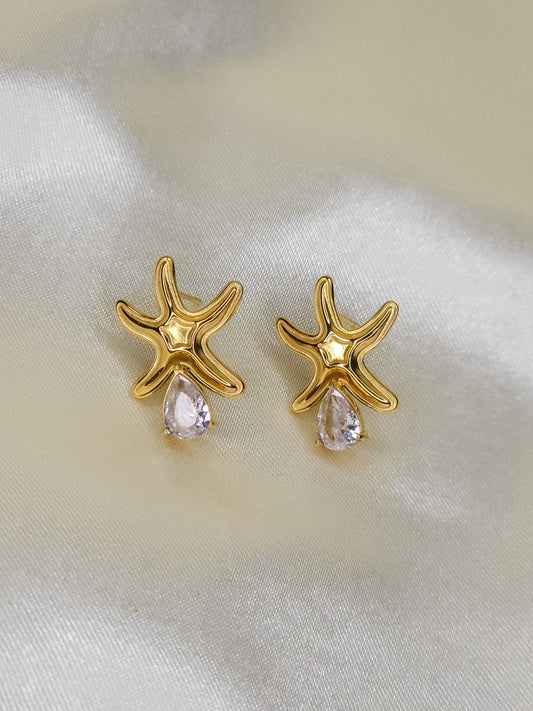 Gold Starfish Stud Earrings with Teardrop Crystal – Daily Wear Anti-Tarnish Jewellery