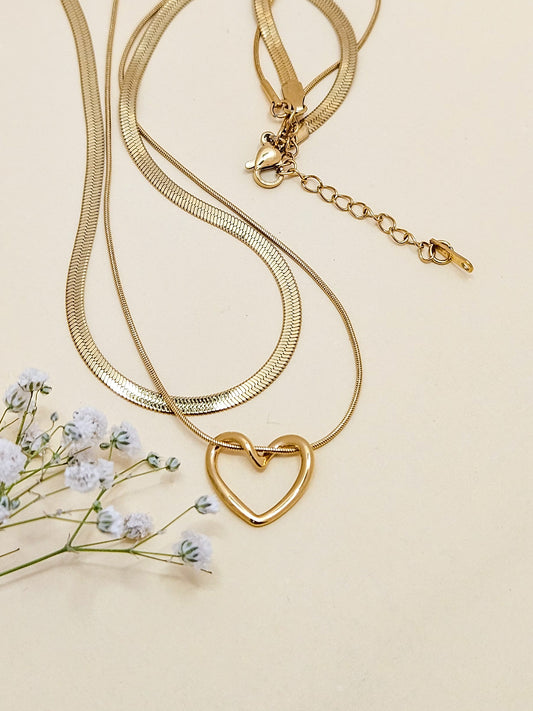 Gold Double Layer Anti Tarnish Necklace with Heart Pendant – Herringbone & Minimal Chain